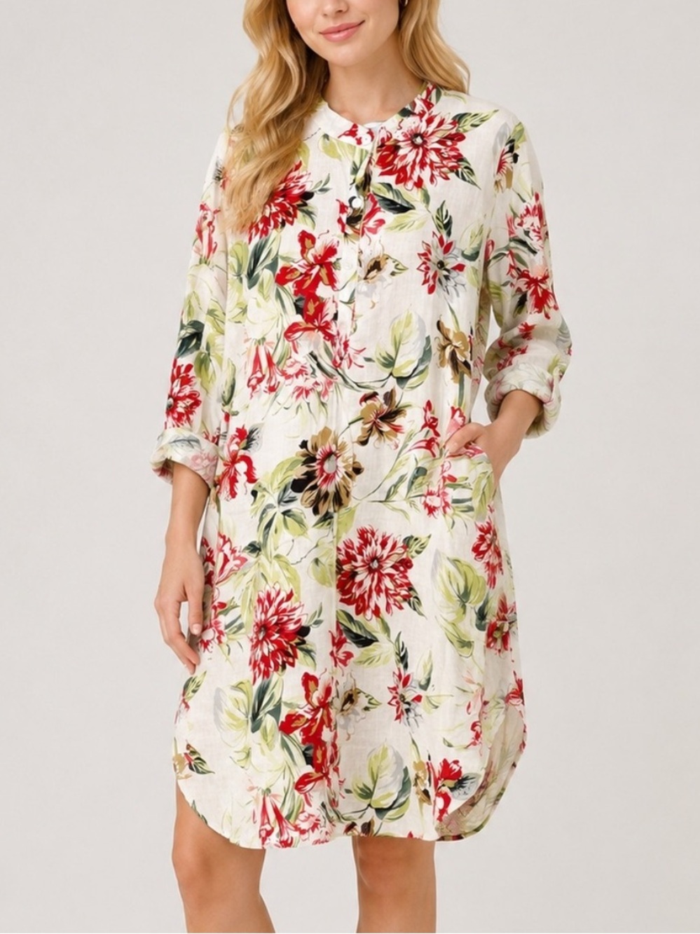 FLAX 100% Linen Floral Shirt Dress Large Red Green White Midi 25784